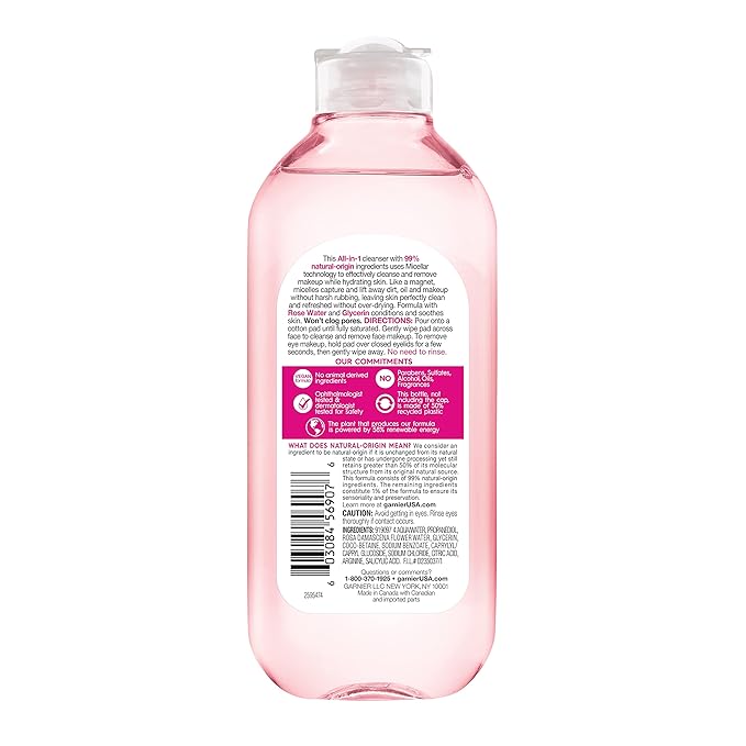 Garnier Micellar Water with Rose Water and Glycerin, Hydrating Facial Cleanser & Makeup Remover, For All Skin Types, Vegan, Cruelty Free, 13.5 Fl Oz (400mL), 1 Count