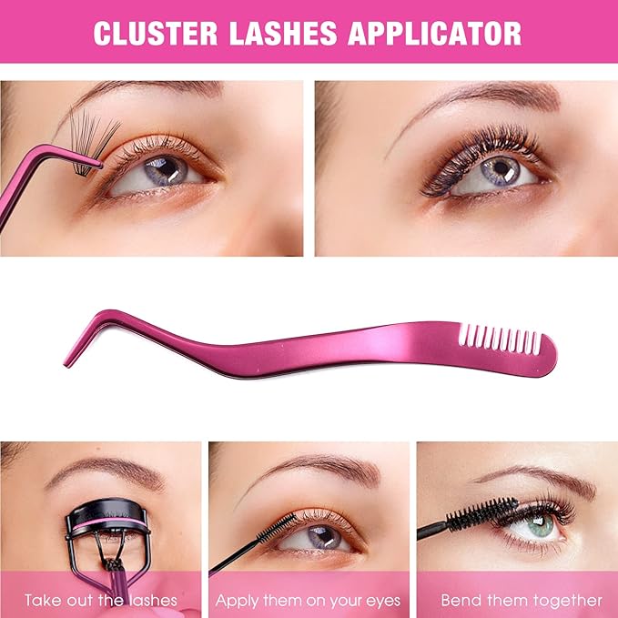 FADLASH Lash Tweezers for Individual & Cluster Lashes, 2pcs DIY Eyelash Extension Supplies, Lash Applicator Tool, Eyelash Tweezers for False Lash Extension, Pink & Rose Gold