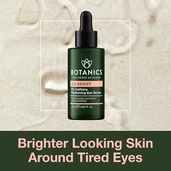 Botanics All Bright Caffeine Eye Serum - 3% Caffeine Awakening Under Eye Serum for Dark Circles and Puffiness - Refresh & Brighten Tired Eyes - Vegan & Cruelty Free (0.84 Fl Oz)