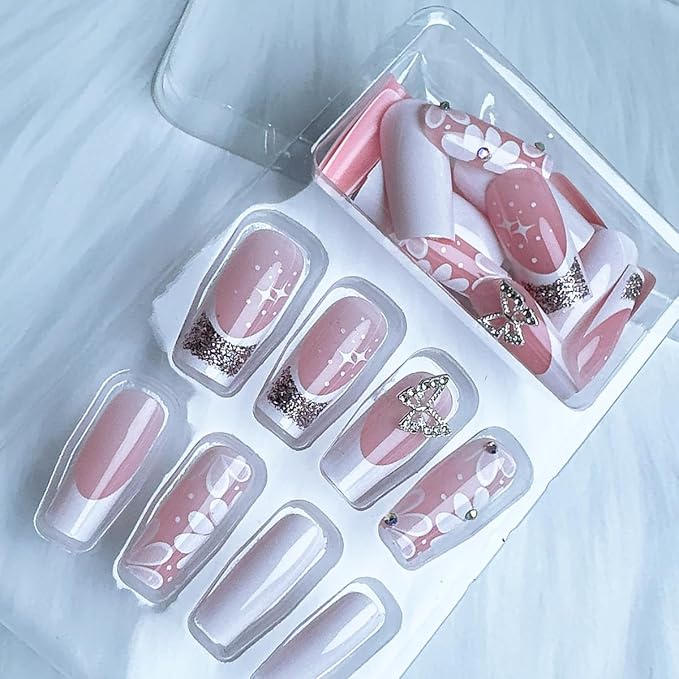 24Pcs White French Tip Press on Nails Medium Square Nails Spring Flower Fake Nails with Butterfly Designs White Floral Acrylic Nails Solid Color False Nails Silver Glitter Stick on Nails for Women