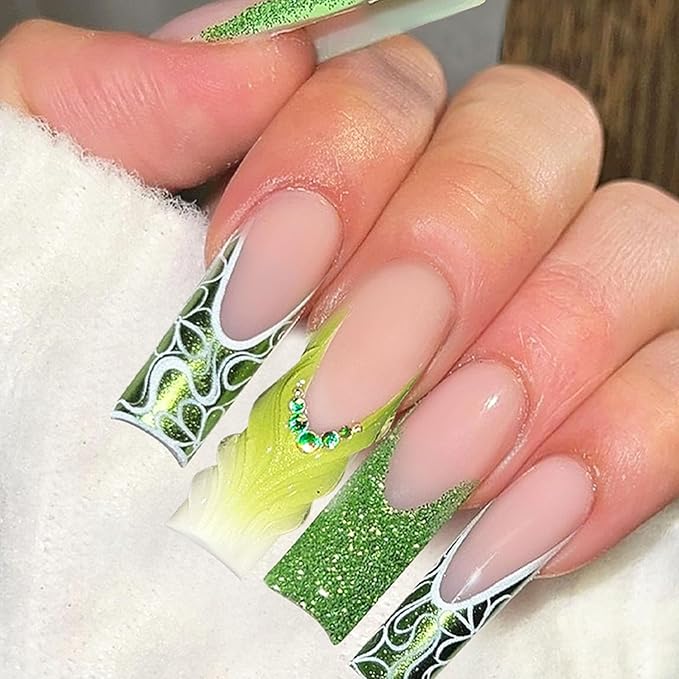 French Tip Press on Nails Square Extra Long Gradient Acrylic Nails Press ons with Lines Rhinestones Design Water Ripple Glue on Nails Green Glitter Fake Nails Transparent False Nails for Girls 24Pcs