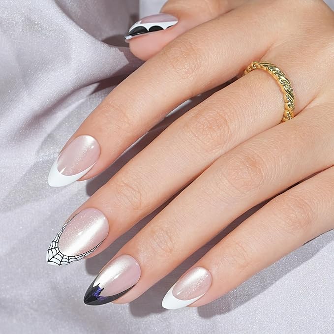 Halloween Press On Nails Almond - Batweb Spell, French Tip Press On Nails Cat Eye, Acrylic Square Short Halloween Nails with Nail Glue, Stick On Nails in 16 Sizes - 32 PCS Soft Gel Kit