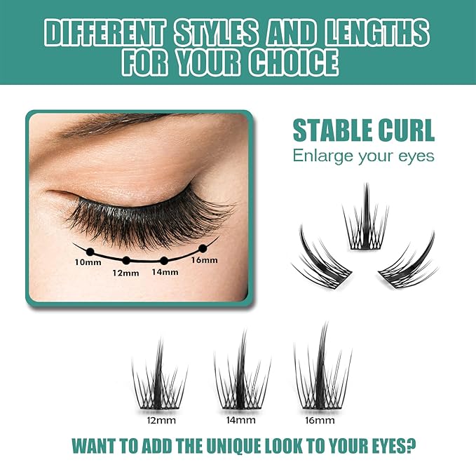 DIY Eyelash Extension, 3D Effect Glue Bonded Band Individual Lash 48 Clusters Volume Lashes Set, Home Eyelash Extension, C curl Lashes Pack 14MM-Spikes-48 Clusters