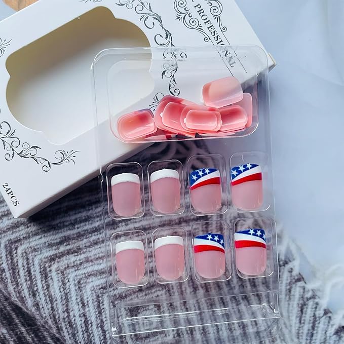 24Pcs Independence Day French Tip Press on Nails Short Square Fake Nails with USA Flag Nail Tips Design 4th of July Acrylic Glue on Nails Patriotic False Nails Full Cover Stick on Nails for Women