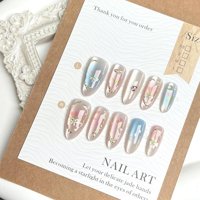 30Pcs Spring Flower Press on Nails Medium Almond Fake Nails with 3D Pearl Rhinestones Gradient Designs Glue on Nails Gold French Line Acrylic Nails Summer False Nails Stick on Nails for Women