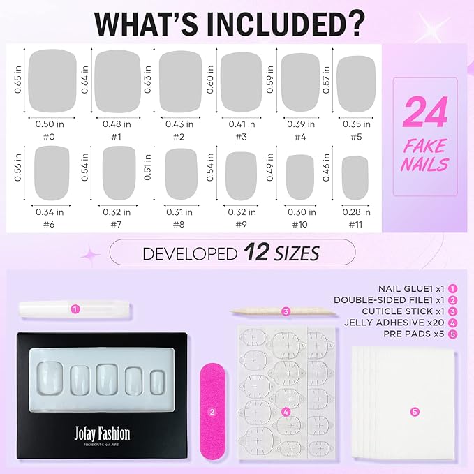 White Press on Nails Short, Jofay Fashion Square Solid Color Fake Nails with Glue, Reusable & Natural Acrylic False Nails Stick on Nails for Women Girls Gift, Gel Nail Kit, 24pcs