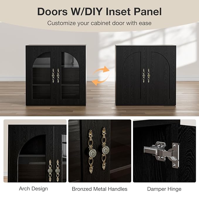 3-Layers Salon Station Free Standing Cabinet, Hair Styling Stations Salon Furniture w/Glass Doors, Bronzed Metal Handles, Wood Grains Surface, Barber Table Hair Salon Furniture（Black）