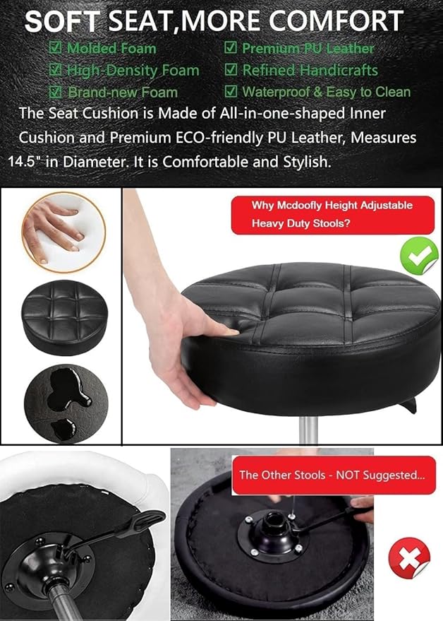 Adjustable Heavy Duty Stool - Rolling Stools with Locking Caster Wheels - Swivel Stools Backless Chair for Beauty Hair Salon Spa Home Kitchen Office Shop Massage(Black, Height 18 to 22 in)