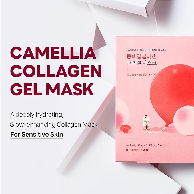 ROUND LAB Camellia Collagen Mask, 30min Hydrogel Mask, Quick Hydration, Firming&Pore Minimizing, For sensitive skin, Micro molecule collagen, Facial Mask, 34 g/1.19 Fl Oz 1ea