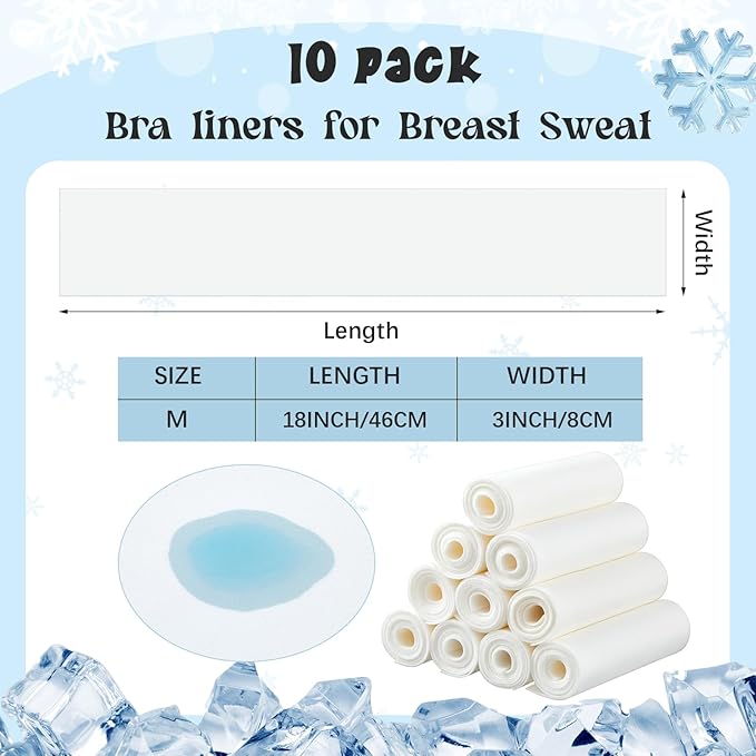 Toulite Cool Ice Silk Bra Liners for Sweat 10 Pcs 3 Layer Medium Washable Rectangle Cool Ice Silk Under Breasts Pads for Women Absorb Sweating, 18 x 3 Inches White for Summer