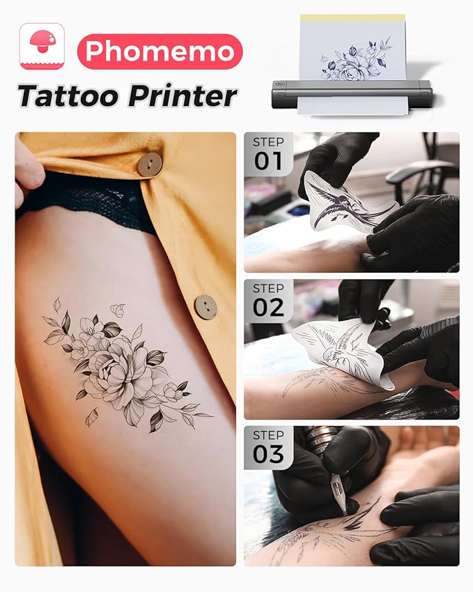 Phomemo Bluetooth Tattoo Stencil Printer, Thermal Tattoo Transfer Machine for Artists & Beginners, Compatible with Phone & PC, with Storage Case & 10Pcs Free Transfer Paper, Grey