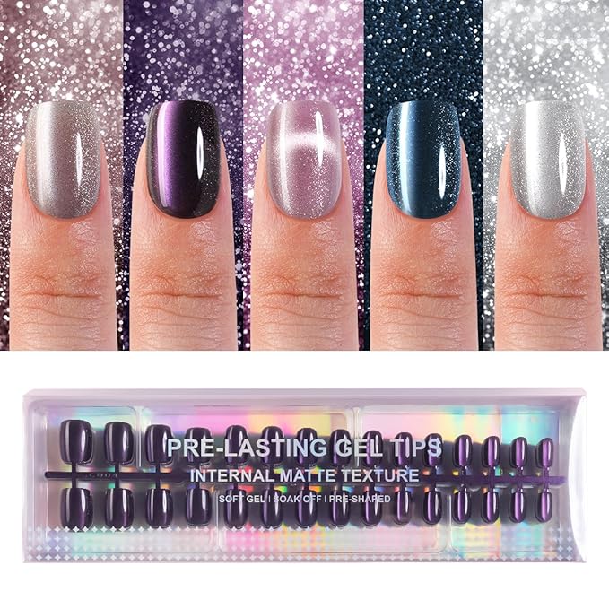 150Pcs Cat Eye Press on Nails Short Square, Plauva Soft Gel Fake Nails, Glossy Glitter Cat Eye Nail Tips for Women and Girls Stick On Nails in 15 Sizes