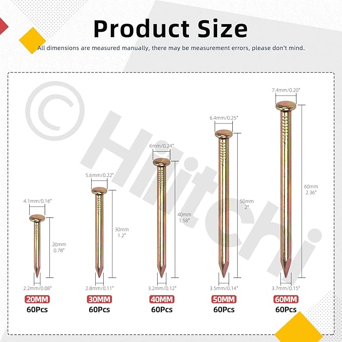 Hilitchi 301PCS 5 Sizes Brick Steel Nails Assortment Kit 0.78" 1.2" 1.58" 2" 2.36" Galvanized Concrete Wall Nail Cement Nails for Concrete Brick Drywall (Colorful)