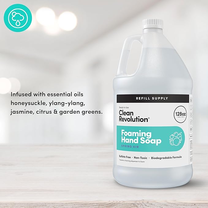 Clean Revolution Foaming Hand Soap Refill Supply Container, Ready to Use Formula, Gluten Free, Spring Air Fragrance, 128 Fl. Oz, 4 Pack