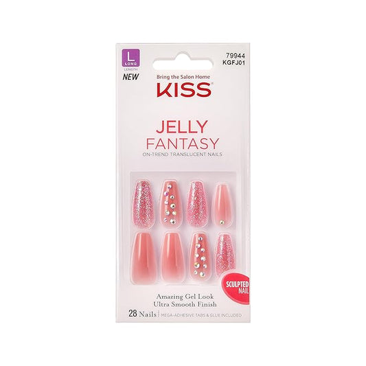 KISS Jelly Fantasy On-Trend Translucent Nails, Long Sculpted Glue-On Fake Nails Kit, Style “Be Jelly”, with Pink Gel Nail Glue, Mini Nail File, Manicure Stick, & 28 Glue On Nails