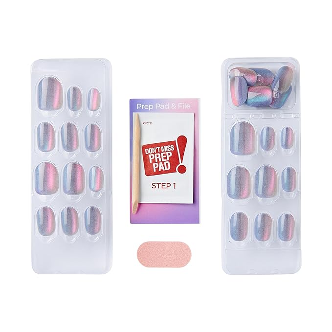 KISS imPRESS No Glue Mani Press On Nails, Color FX, 'Fly Up', Silver, Short Size, Oval Shape, Includes 30 Nails, Prep Pad, Instructions Sheet, 1 Manicure Stick, 1 Mini File