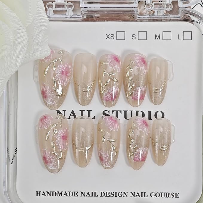 30Pcs Gold Almond Flower Glitter Summer False Nails with Cherry Blossoms Leaf Designs, Full Cover Glue on Nails, Acrylic Nail Accessories