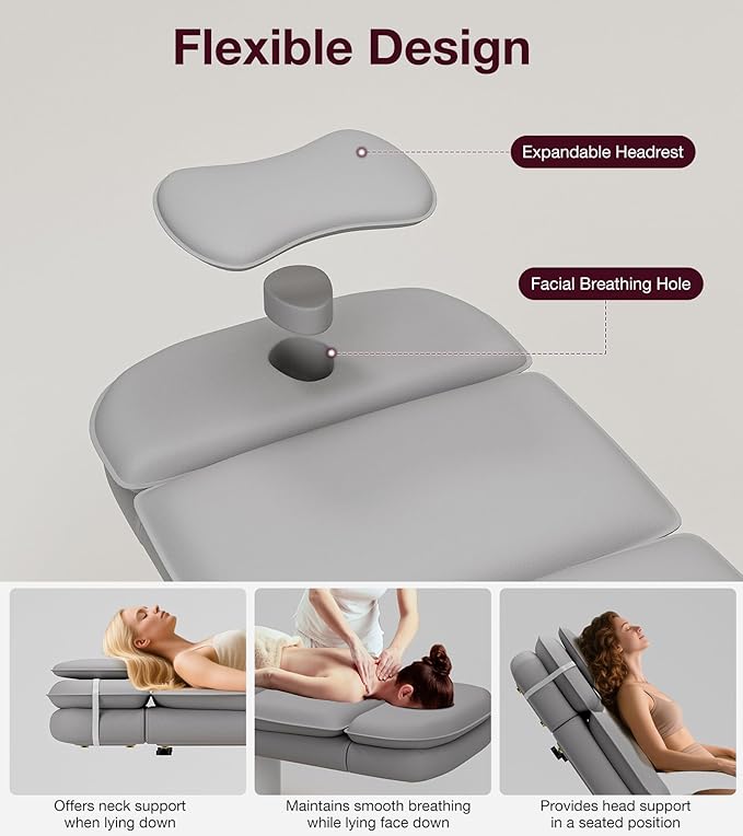 VARONXE Fully Electric Massage Table w/3 Motors, Professional Angle and Height Adjustable Spa Bed Facial Chair, Motorized Esthetician Bed Treatment Table for Beauty Salon, Grey