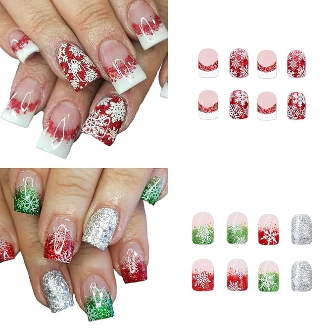 2 Packs 48Pcs Christmas Press on Nails Short Square Fake Nails Red Green Glitter Snowflake Nails French Ombre False Nails Glue on Nails Winter Xmas Stick on Nails for Women Girls Manicure