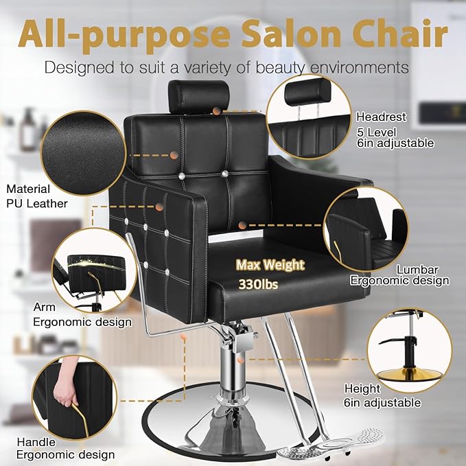 Black Reclining Salon Chair for Hair Stylist, Barber Chair for Barbershop with 350LBS Hydraulic Pump, Adjustable Headrest, 135° Recliner Hair Stylist Chair for Beauty Salon, Spa or Tattoo Studio