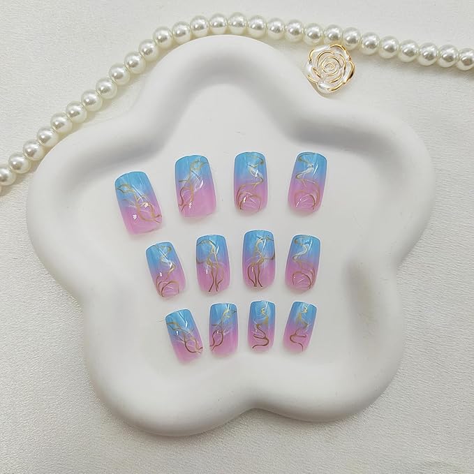Press on Nails Medium Square Fake Nails with Gold Curved Line Designs Blue Pink Gradient Nails Press ons Glossy Glue on Nails Cute Acrylic Nails Full Cover Stick on Nails for Women 24Pcs