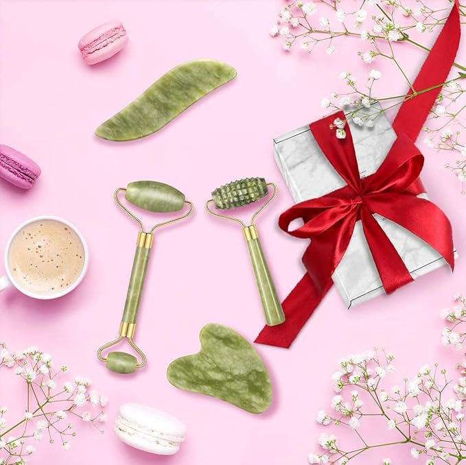 4-pcs Jade Roller & Gua Sha Set, Facial Roller Massager with Gua Sha Scraping Tool, Jade Stone Massager for Anti-aging, Slimming & Firming, Rejuvenate Face and Neck, Remove Wrinkles & Eye Puffiness