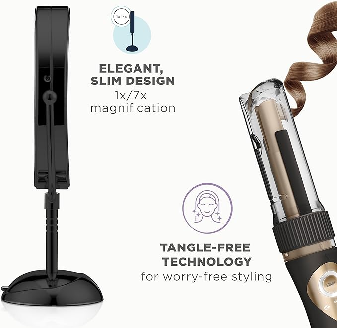 Conair Limited Edition Bundle | INFINITIPRO by CONAIR Curl Secret Automatic Curling Iron in 3/4-inch Barrel - and - Conair Lighted Makeup Mirror | Black | Amazon Exclusive