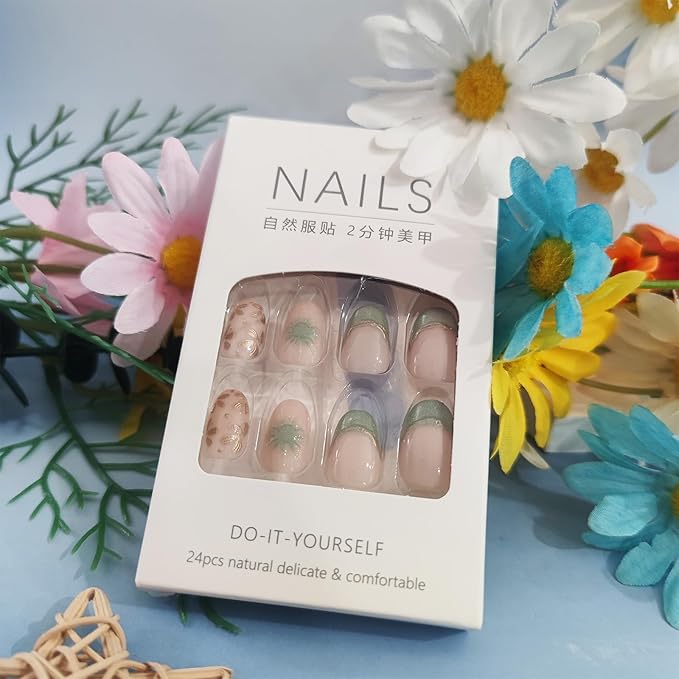 3D Flower Press on Nails Glossy Green Short Oval False Nail 24Pcs Gold Leaves Press ons Fingernails Curve Line Gel Glue on Acrylic Fake Nails French Tips Stick on Nail for Holiday Manicure Art