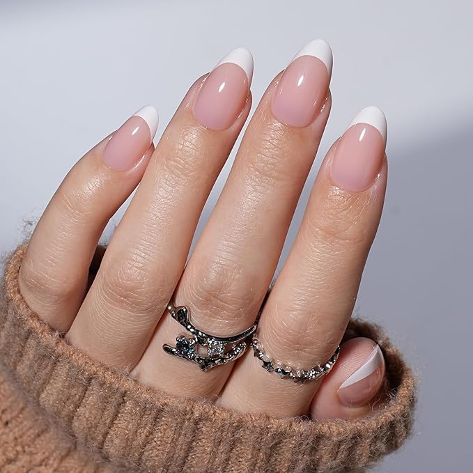 White French Tip Press On Nails - White Short Almond Fake Nails, French Tip Press On Nails Reusable Stick On Nails in 16 Sizes, 32pcs False Nail Kit for Women & Girls