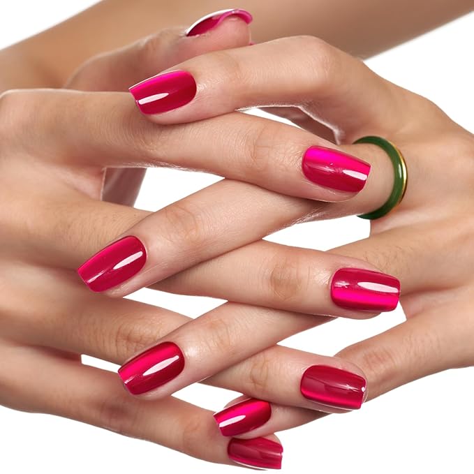 GLAMERMAID Hot Pink Press on Nails Extra Short Square, Handmade Magnet Cat Eyes Glitter Jelly Gel Fake Nail Kits, Magnetic Glue on Nail Reusable Acrylic False Nails Manicure Kits for Women