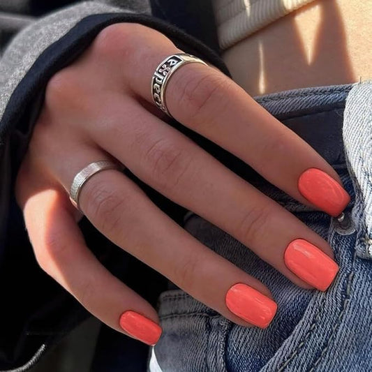 Short Square Press on Nails Orange,KQueenest Spring Gel Fake Nails Pure Color Natural Petite Nails Solid Stick on Nails for Daily Office Manicure