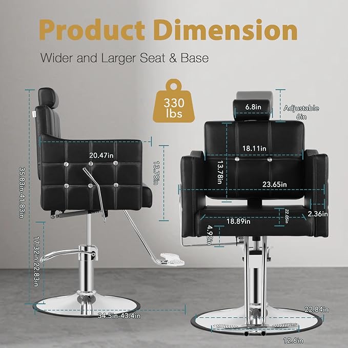 Black Reclining Salon Chair for Hair Stylist, Barber Chair for Barbershop with 350LBS Hydraulic Pump, Adjustable Headrest, 135° Recliner Hair Stylist Chair for Beauty Salon, Spa or Tattoo Studio