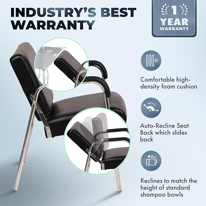 Buy-Rite Kate Auto Reclining Shampoo Chair with Extra Thick Cushion, Heavy Duty Chrome Arms, Black Vinyl, Ergonomic Solid Backrest - Portable Salon Chair for Shampoo Bowls, SY-92272