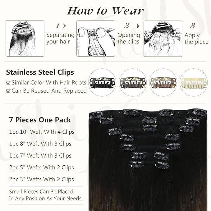 Full Shine Clip in Hair Extensions Real Human Hair Black Ombre Natural Black to Light Brown Mix Honey Blonde Human Hair Extensions Clip ins Balayage 120 G 7 Pcs 22 Inch