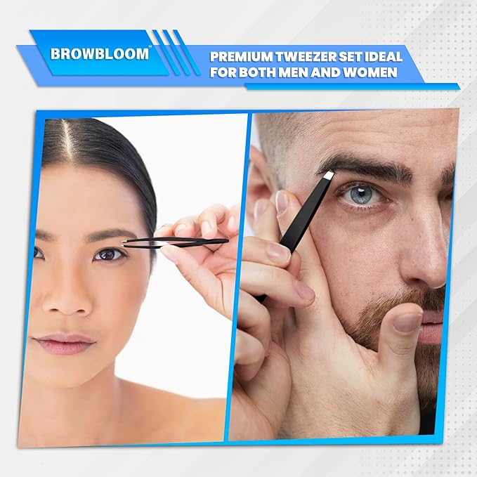 4Piece Set of Professional Tweezers for Women Facial Hair, Black Stainless Steel Precision Tweezer for Ingrown Hair, Eyebrow Tweezers for Men Comes in Carrying Pouch (Black Set)