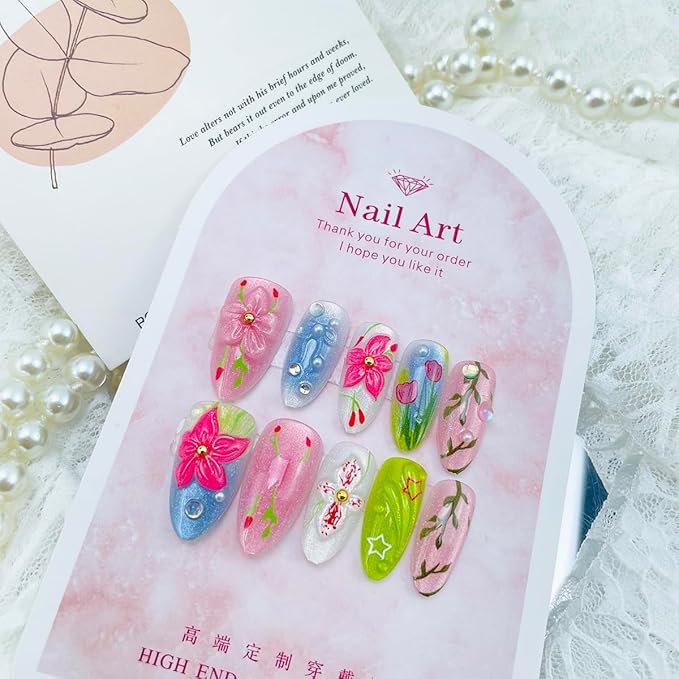 30Pcs 3D Flower Press on Nails Medium Almond Fake Nail with Gold Bead Heart Rhinestone Designs Hibiscus Floral Glue on Nails Colorful Acrylic Nail Cute Bow False Nail Summer Stick on Nails for Women