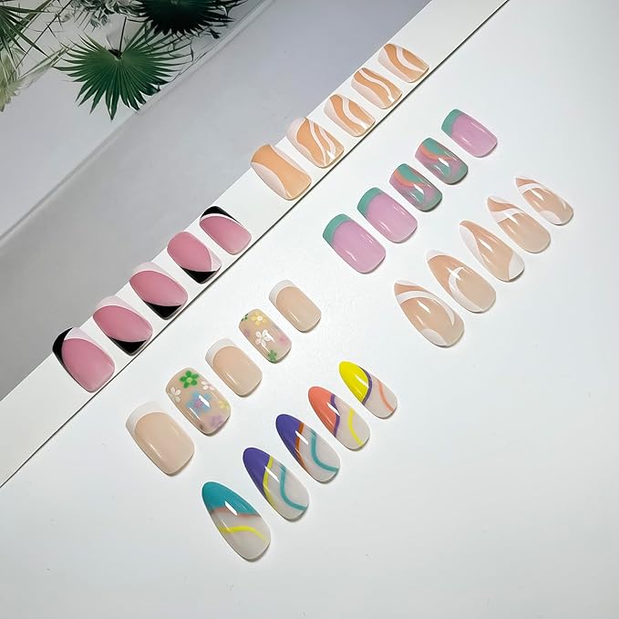 6 Packs (144 Pcs) Flower French Tip Press on Nails - Medium, Square, Swirl, Almond Sizes - 24 Fake Nails Kit, Stick on Nails for Women