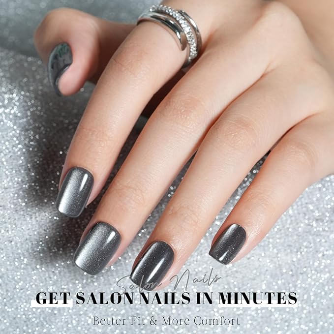 Cat Eye Press on Nails Short, Jofay Fashion Soft Gel Fake Nails, Gray Press on Nails, Reusable & Stylish Acrylic False Nails, Stick on Nails for Women Girls Gift, Glue on Nails Kit 32 Pcs