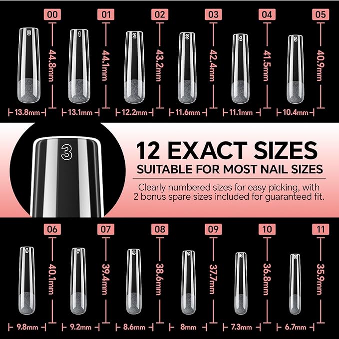 Extra Long Sqaure Nail Tips: 120 Pcs XXL Nail Tips Square Pre-buffed Full Cover Clear Gel Nails Tips for Acrylic Nails Professional, 12 Sizes No C Curve Fake Nails for Nail Extensions Home DIY Salon