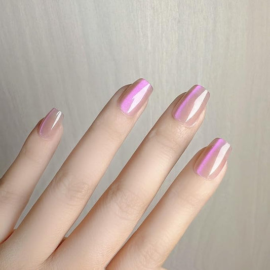 Square Press on Nails Short Pink Chrome Fake Nails Nude False Nails Press Ons Full Cover Glossy Acrylic Nails Ombre Glitter Shiny Artificial Nails for Women Girls Manicure 15 Size - 30 Pcs