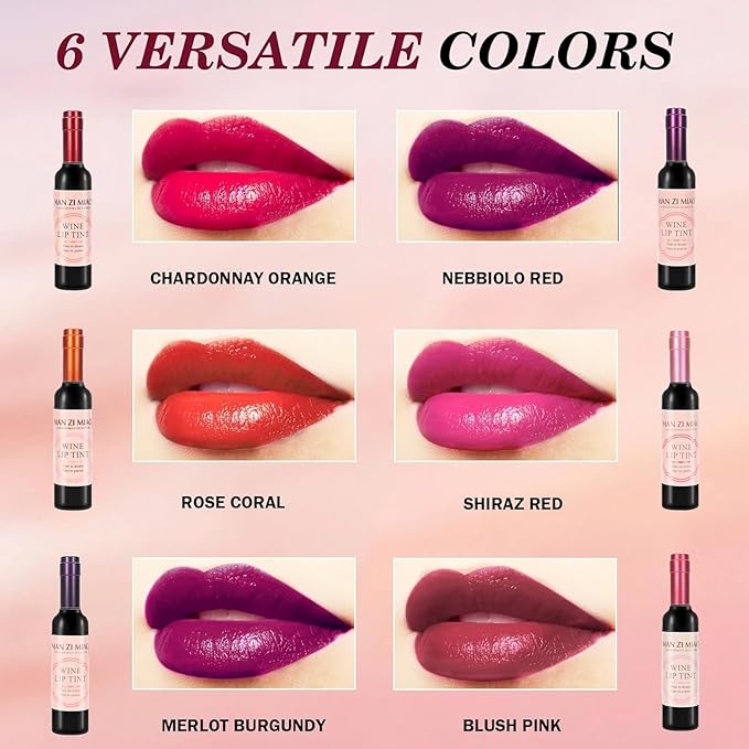 Wine Lip Tint 6 Colors Bottle Lip Gloss Set Matte & Glossy Finish Lipstick Lip Gloss Moisturizing Long-Lasting Wine Lipstick Collection Non-Sticky Hydrating Lip Makeup Kit for Women Gift Idea