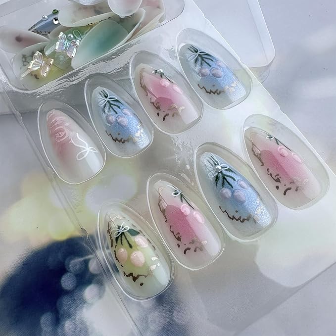 Colorful Press on Nails Medium Almond Fake Nails with 3D Flower Butterfly Designs Muti Colorful Gradient Acrylic Nails False Nails Stiletto Full Cover Glossy Stick on Nails for Women 24Pcs