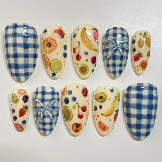 24Pcs Summer Press on Nails Medium Almond Fake Nails Strawberry Lemon Peach with Blue plaid Full Cover Artificial Nails Glue on Nails Fruit False Nails Cute Summer Nail Designs for Women Acrylic Nails