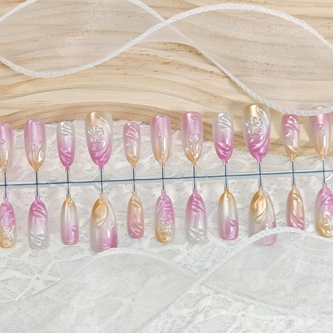 30Pcs Flower Press on Nails Medium Almond Fake Nails 3D Flowers Irregular Lines Rhinestones Designs Full Cover French Tip Glue on Nails Summer False Nails for Women Girls Acrylic Nail Decorations