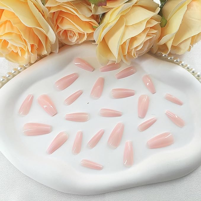 Coffin Press on Nails Medium White Gradient False Nails with Glossy Design Glue on Nails Light Pink Transparent Fake Nails Coffin Nails Press ons Artificial Stick on Nails for Women 24Pcs