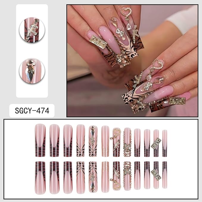 Square Press on Nails Long Fake Nails XL False Nails Extra Long French Tip Glue on Nails Brown Artificial Nails with Bow and Rhinestones Designs Stick on Nails for Women 24pcs