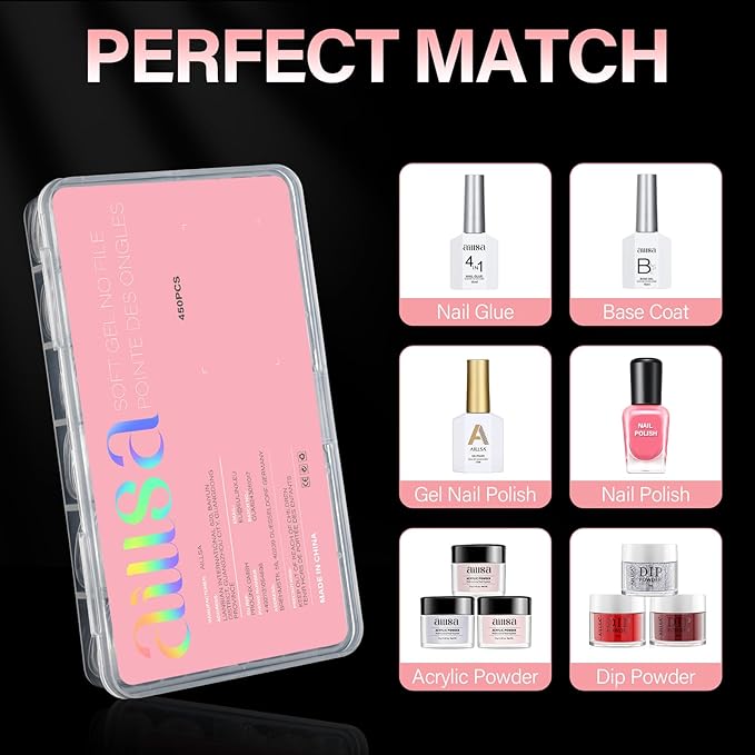 AILLSA Extra Short Coffin Nail Tips 450PCS Full Cover Acrylic Gel Clear Nail Tips Double-sided Matte Pre-Shaped Press on False Nail Tips for Nail Extension Fake Nails Manicure 15 Sizes