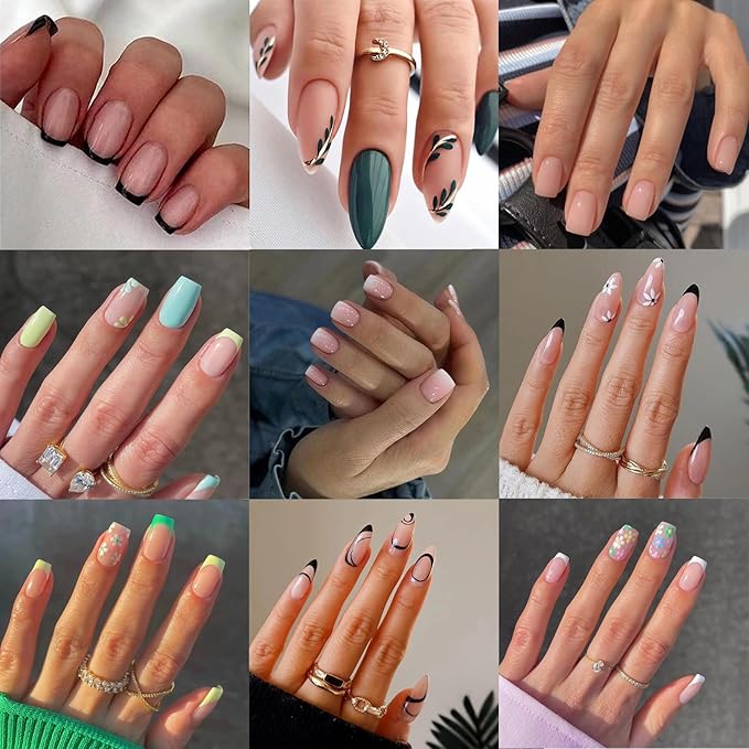 9 Packs (216 Pcs) Press on Nails, Jsiallye Short French Tip Press on Nails, Press on Nails Almond Square with Flower, Glue on Nails for Girl Nail Art, 12 Size of Fake Nails - 9 Styles Nail Kits