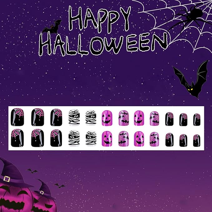 Halloween Press on Nails Purple Fake Nails Short Square False Nails Black Bat Ghost Spider Web Design Flash Glitter Glue on Nail Cute Full Cover Acrylic Stick on Nail for Women Manicure Supplies