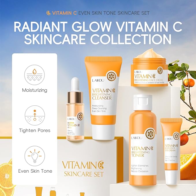 Vitamin C Skincare Set, 5-In-1 Skincare Gift Set With Cleanser, Toner, Face Serum, Face Cream, And Eye Cream, Skin Care Products For Teen Girls, Long-Lasting Moisturizing Skincare Set For Gift（5pcs）